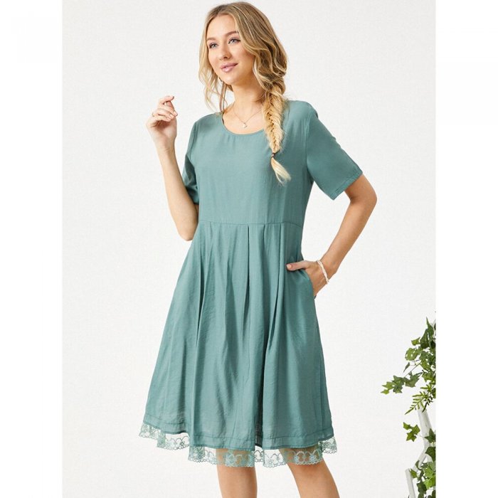 Plain Lace Patchwork Pleated Short Sleeve Casual Midi Dress With Pocket