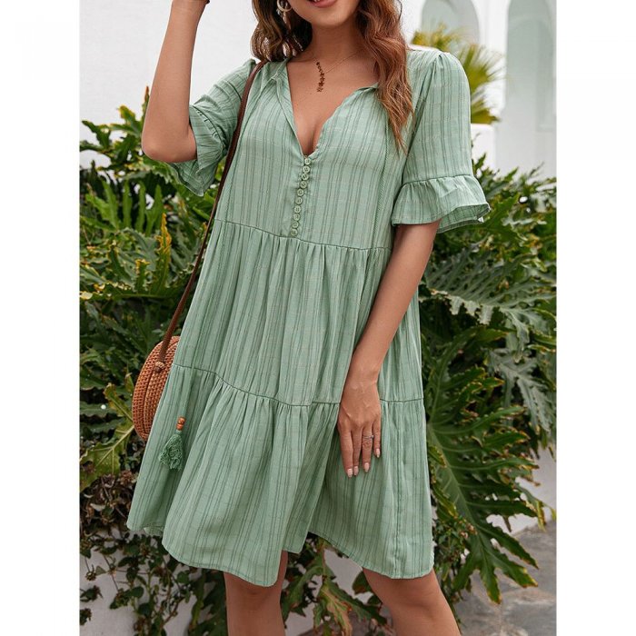 Women Solid V-neck Knotted Button Half Sleeve Casual Dress