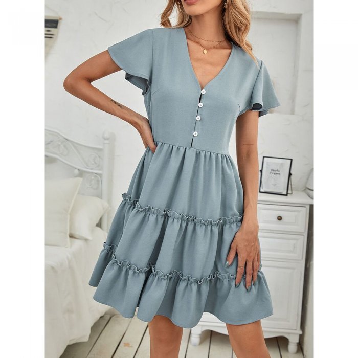 Solid Color V-neck Fungus Button Short Sleeve Casual Dress