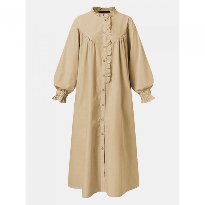 Women Solid Color Stand Collar Button Long Sleeve Casual Dress