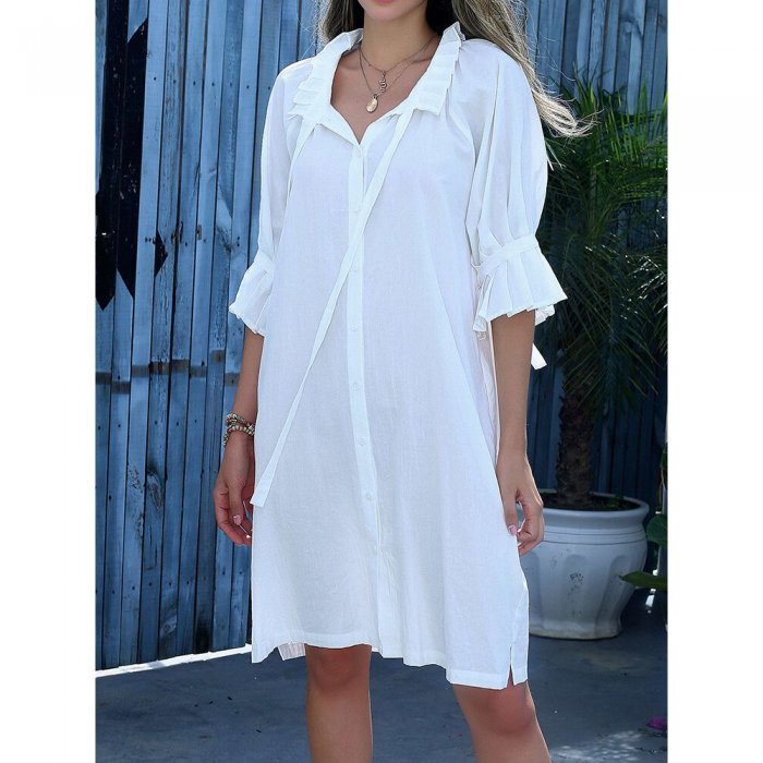 Solid Pleated O-neck Half Sleeve Button Knotted Casual Dress