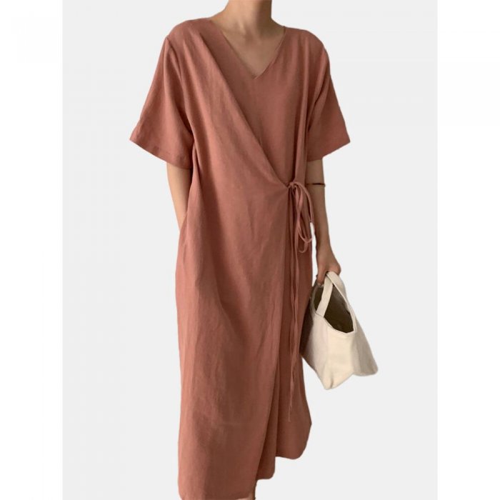 Solid Color Bandage Short Sleeve Casual Maxi Dress For Women