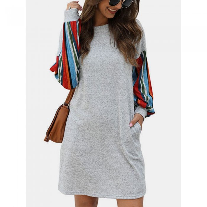 Striped Patch Print Pockets Long Sleeve Casual Dress